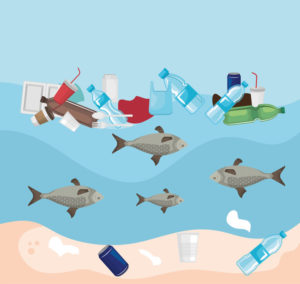 toxic plastics in the sea and fishes animals contamination vector illustration